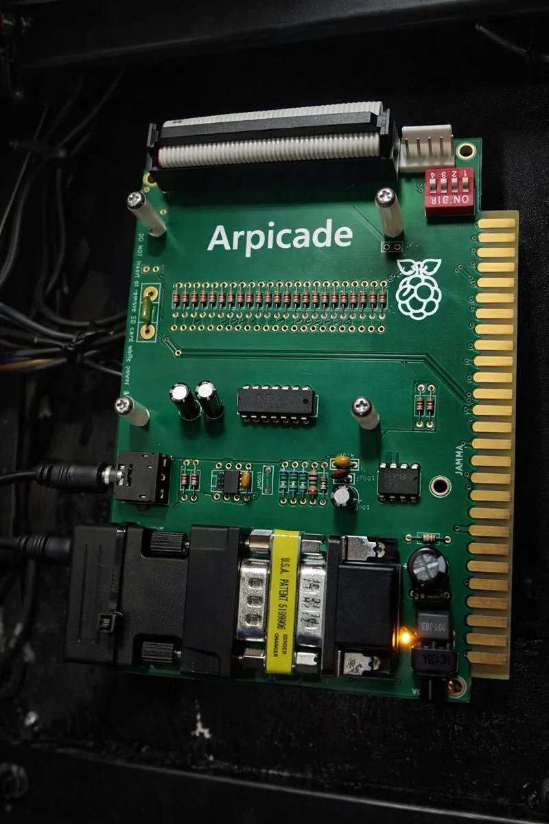 Arpicade multigame system installed in a JAMMA arcade cabinet demonstrating a modern multigame solution