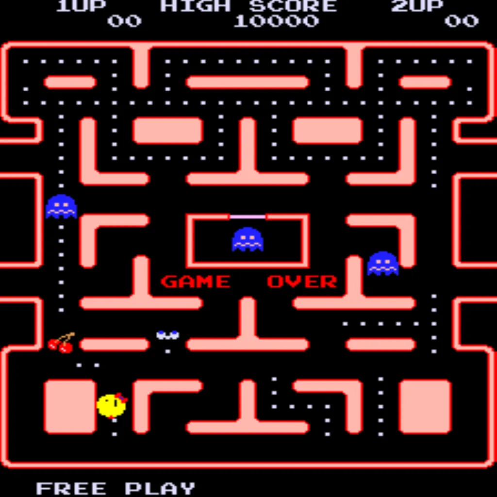 Ms Pac-Man second attract screen with Free Play and High Score Save Kit installed
