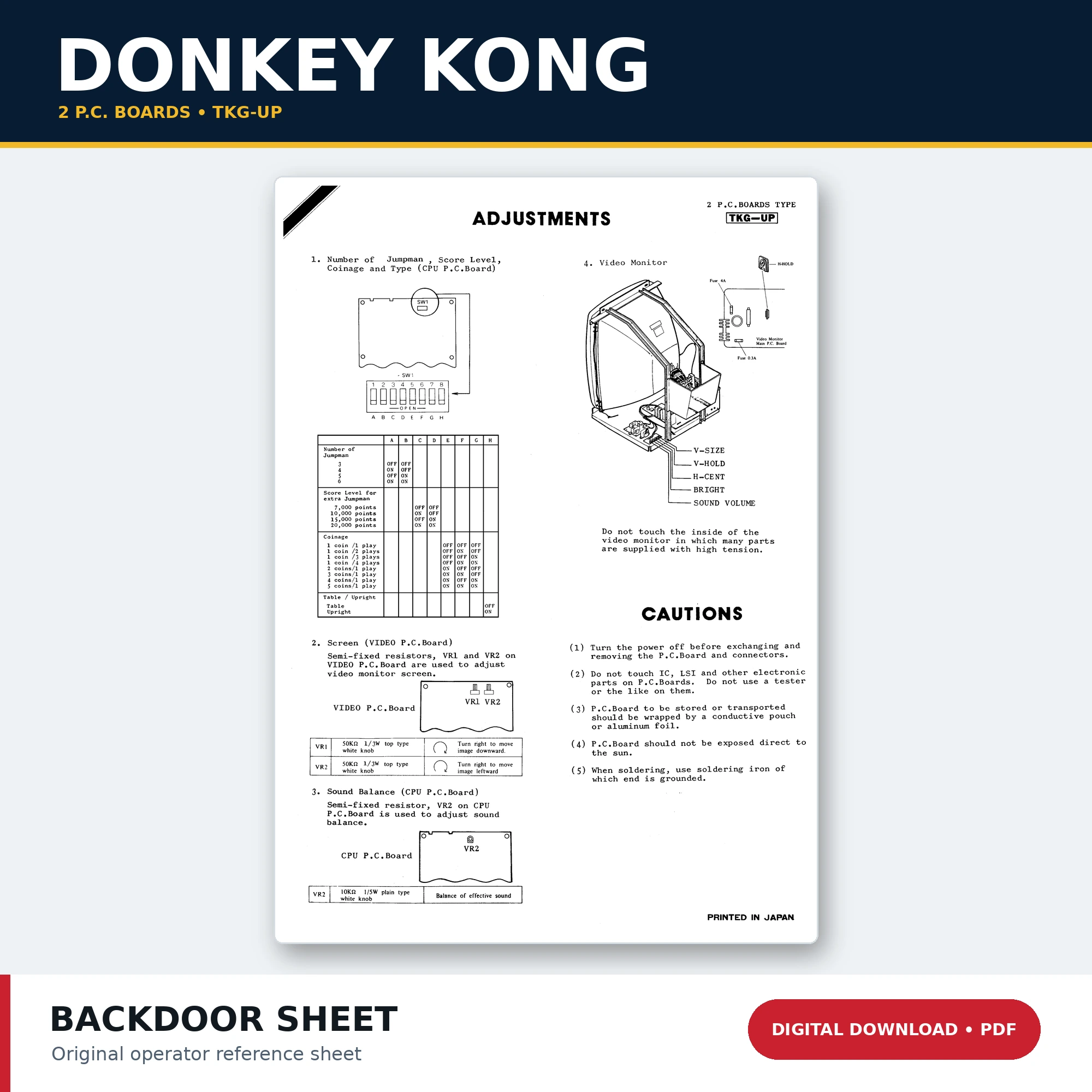 Donkey Kong two-board TKG-UP arcade back door sheet PDF digital download