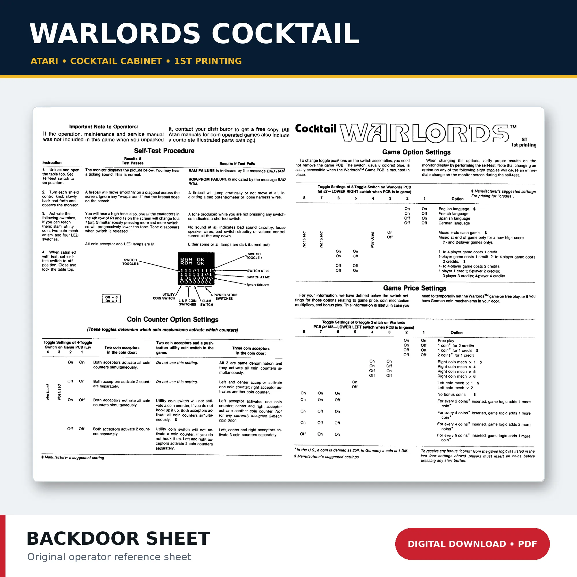 Atari Warlords Cocktail 1st Printing Back Door Sheet PDF download