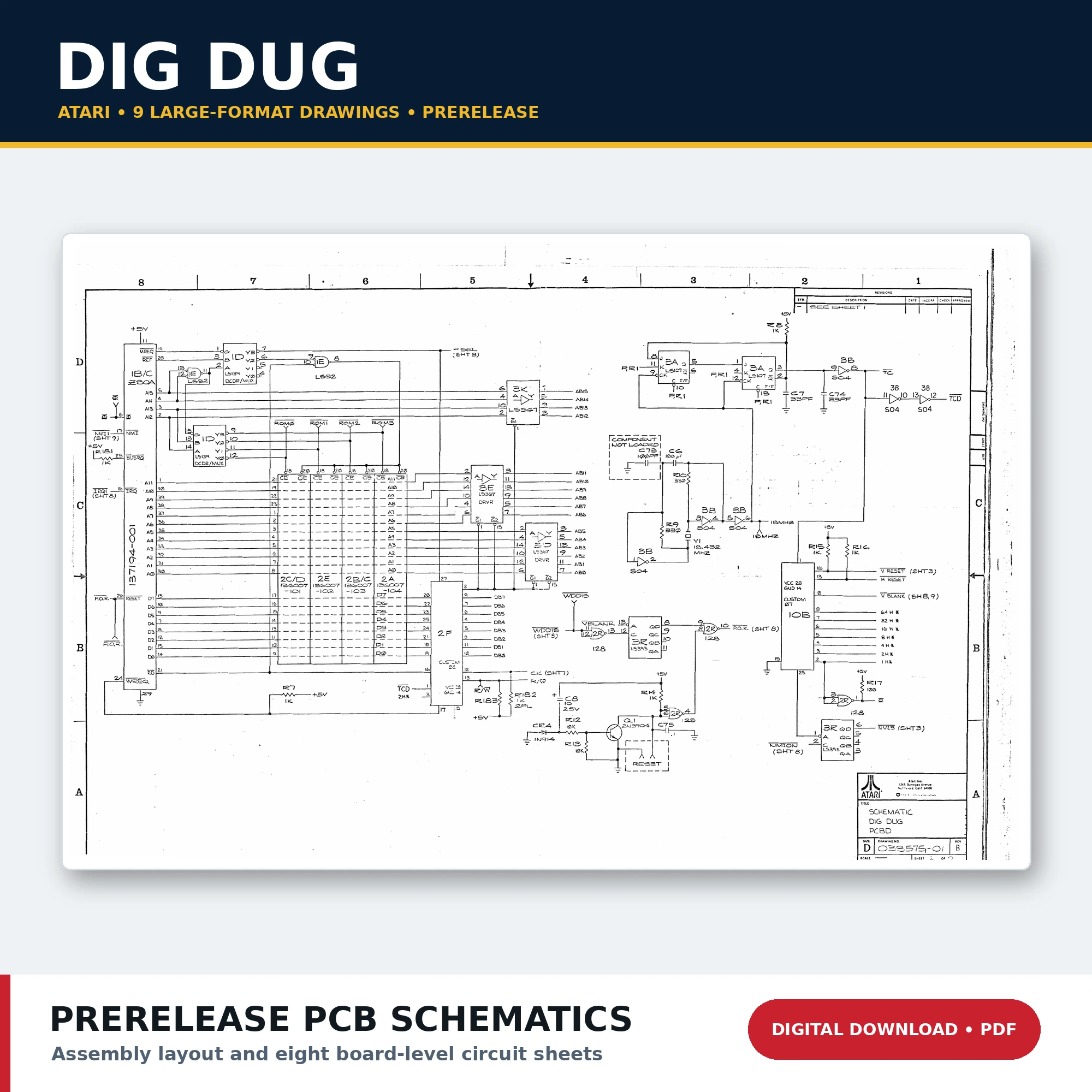 Atari Dig Dug prerelease game PCB assembly and schematic drawings PDF download
