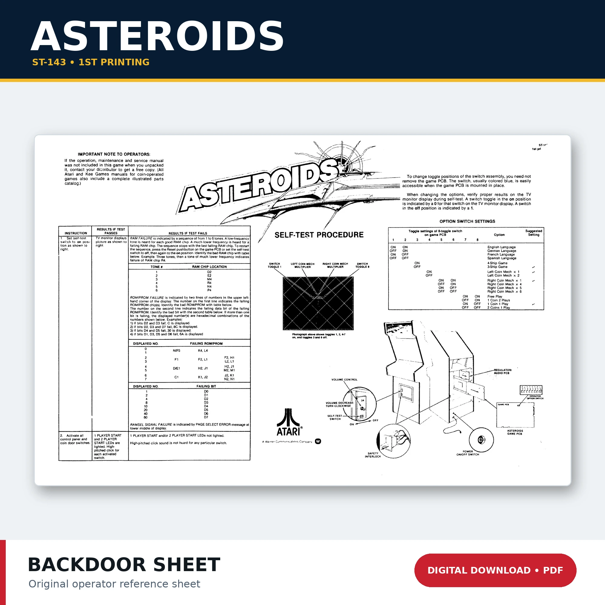 Asteroids ST-143 1st Printing arcade back door sheet PDF digital download