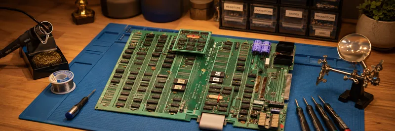 Vintage Midway arcade PCB on an electronics repair workbench with soldering tools and organized components