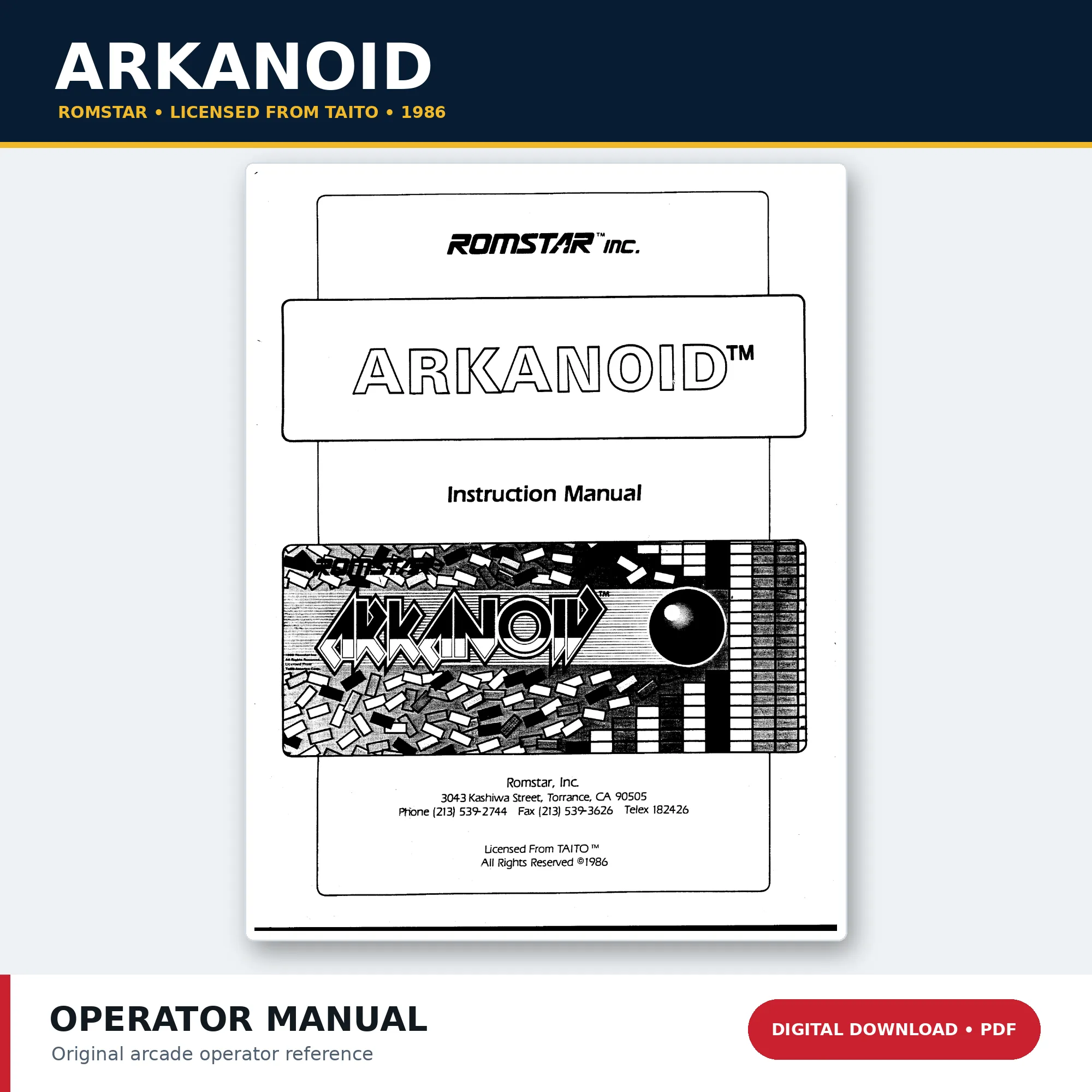 Romstar Arkanoid arcade instruction manual PDF download licensed from Taito