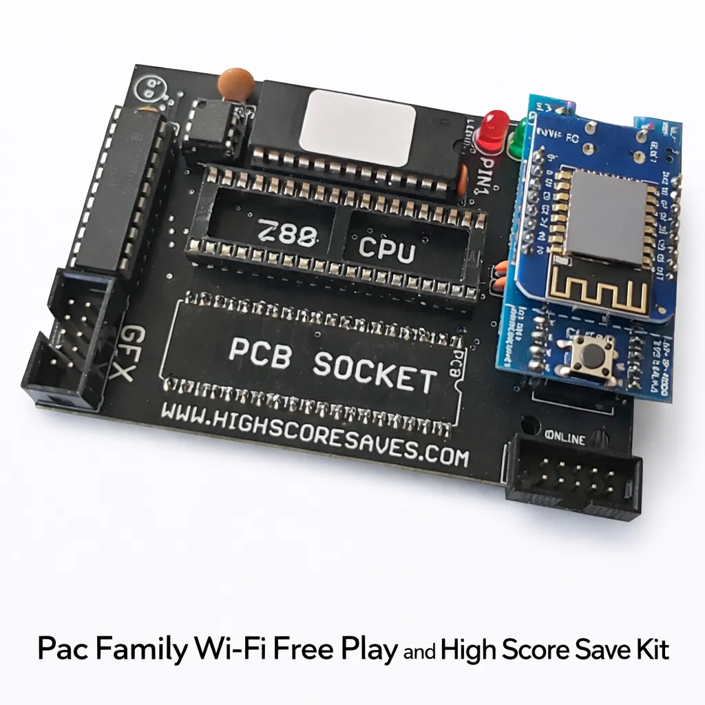 Pac Family WiFi Free Play and High Score Save Kit arcade PCB upgrade for Pac Man and compatible hardware with free play and non volatile high score saving