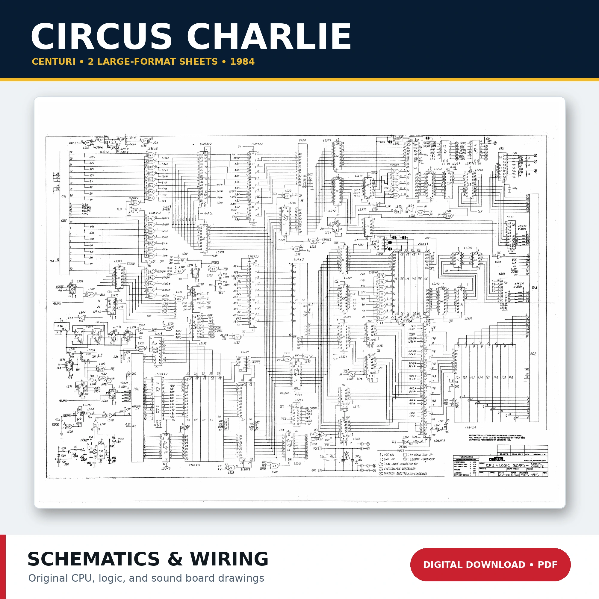 Centuri Circus Charlie CPU logic and sound board schematics PDF download