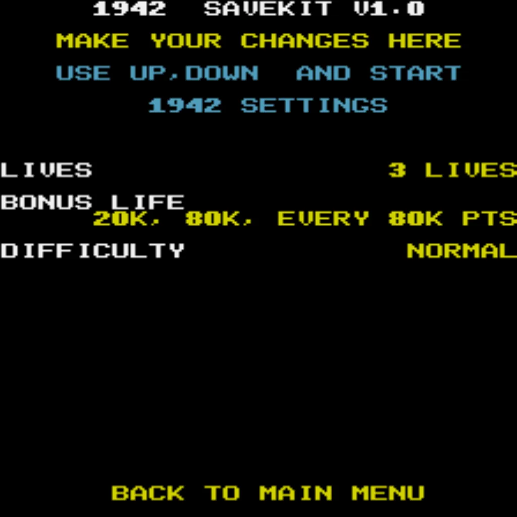 1942 settings menu showing difficulty and free play adjustments on save kit