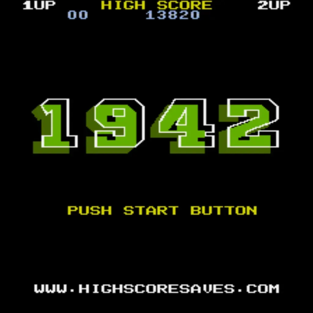 1942 arcade game title and attract screen with push start message