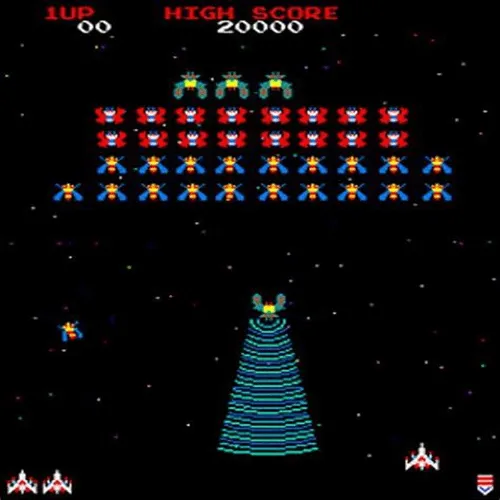 Galaga Attract Screen – Free Play and High Score Save Kit for Midway arcade PCB Galaga arcade attract screen showcasing Free Play and High Score Save Kit features