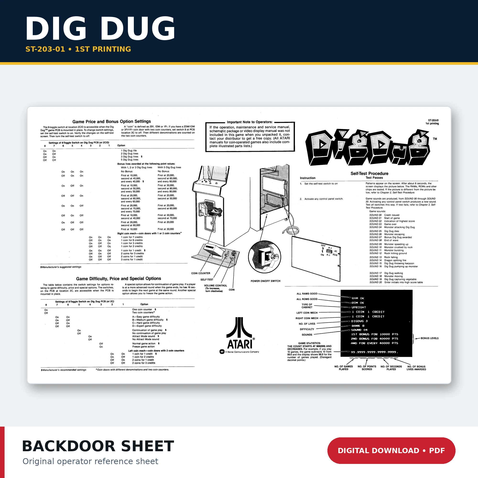 Dig Dug ST-203-01 1st Printing arcade back door sheet PDF digital download