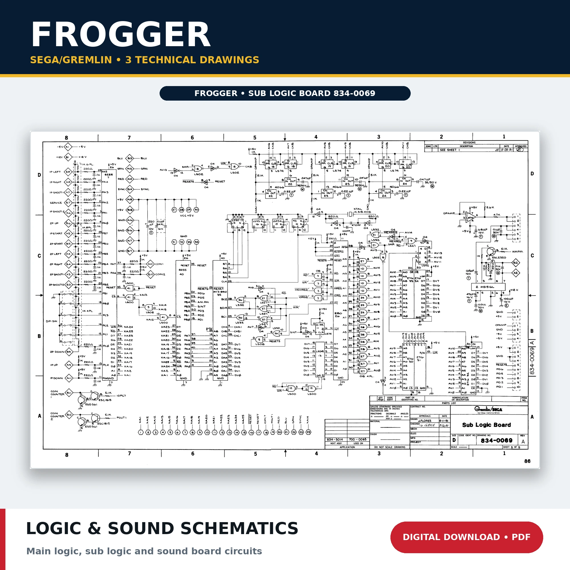 Sega Gremlin Frogger logic and sound board schematics PDF download