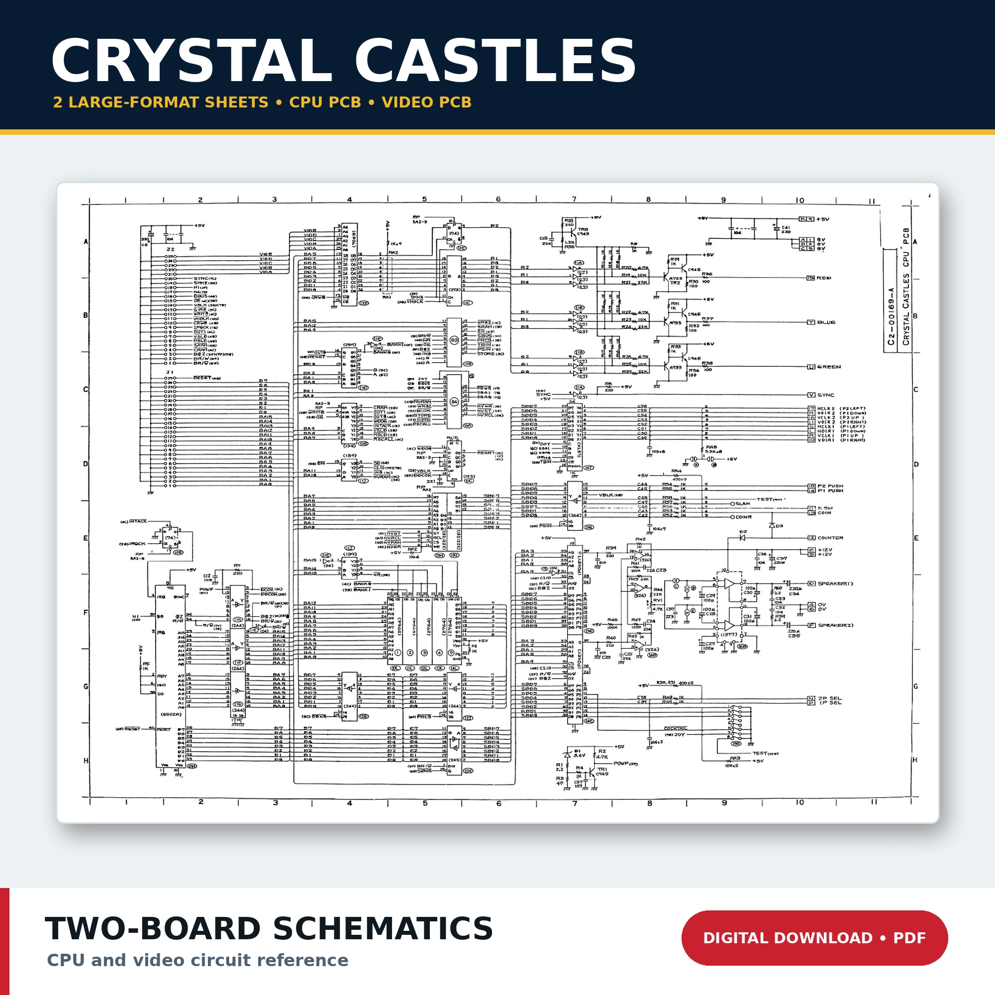 Crystal Castles two-board CPU and video PCB schematics PDF download