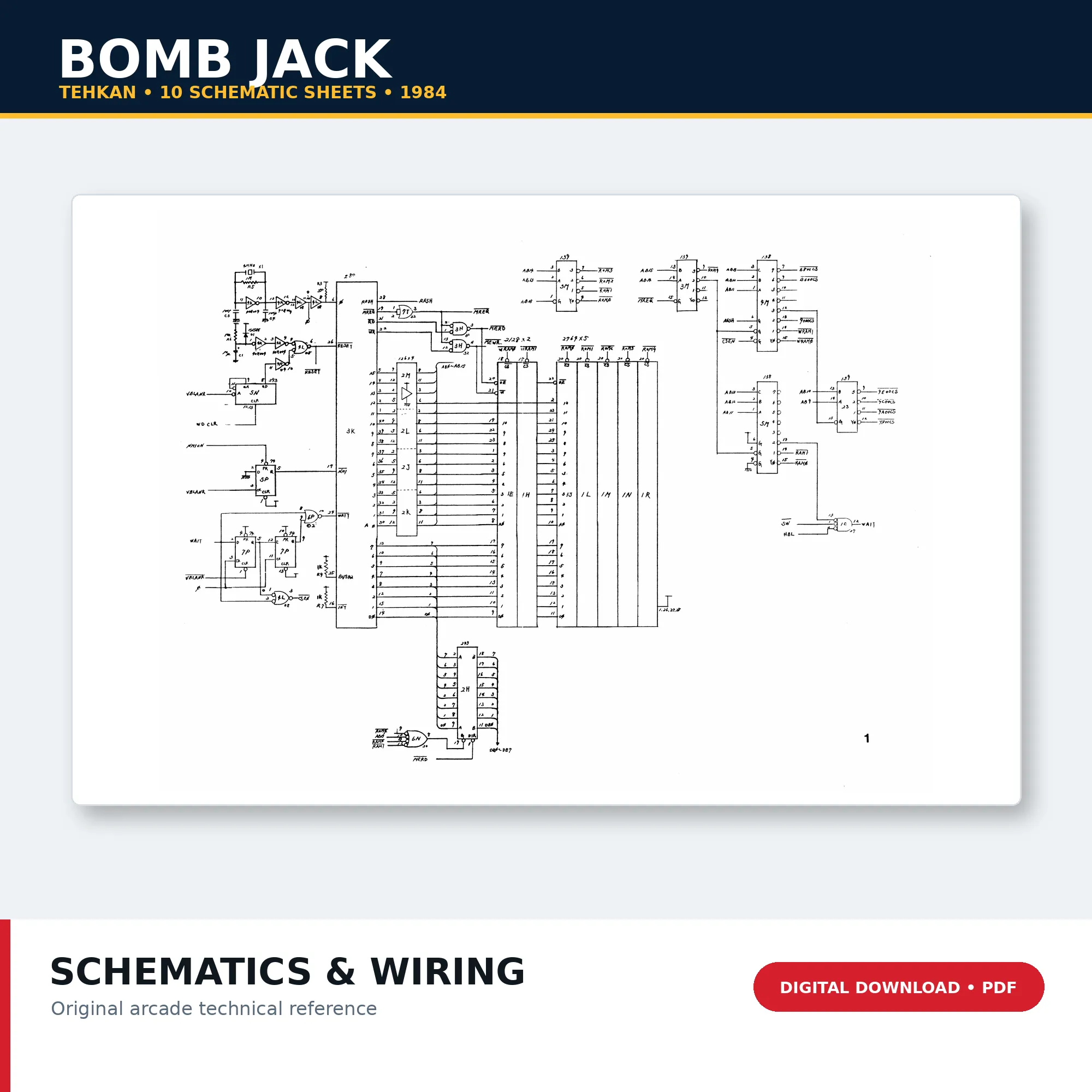 1984 Tehkan Bomb Jack arcade schematics PDF download with ten circuit sheets