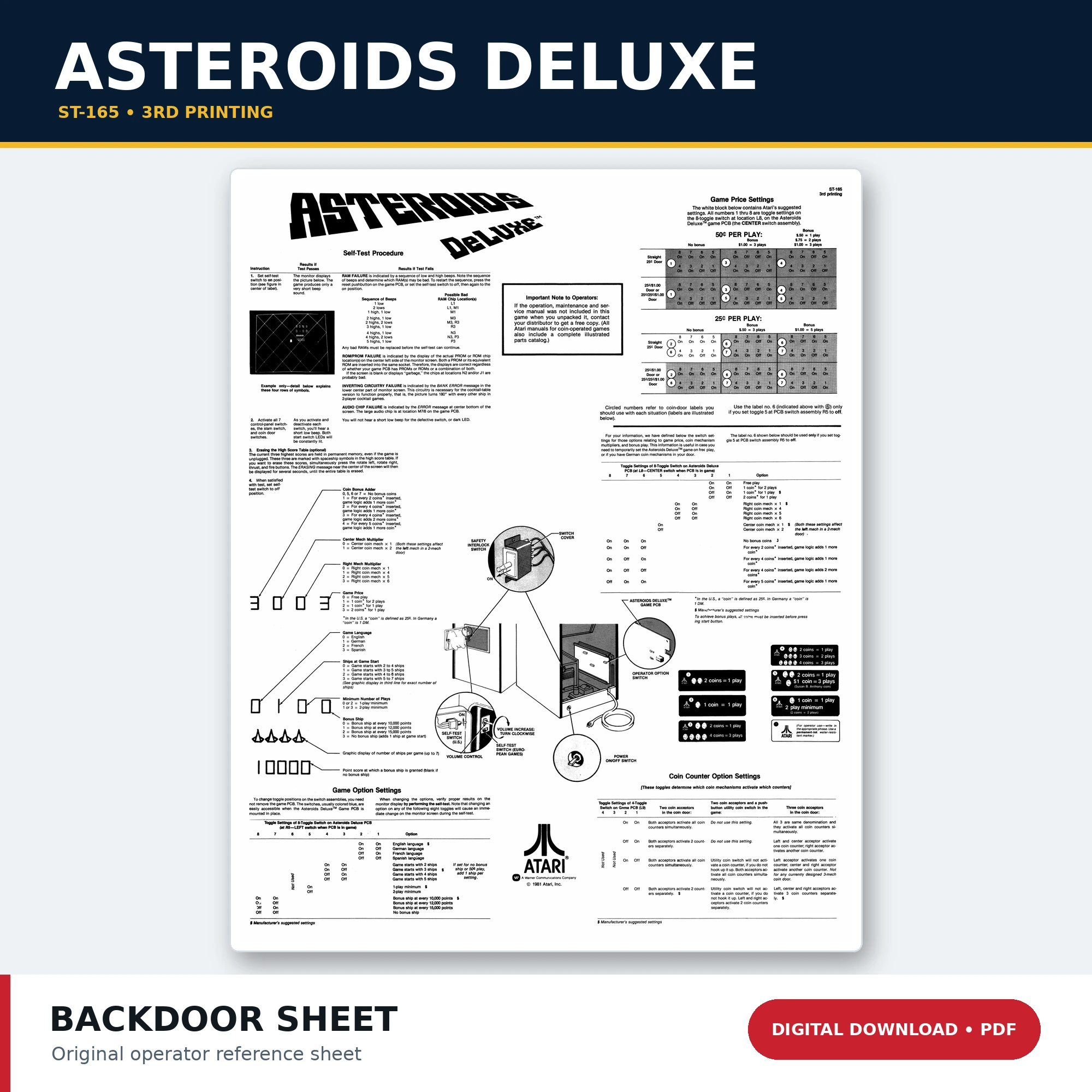 Asteroids Deluxe ST-165 3rd Printing arcade back door sheet PDF digital download