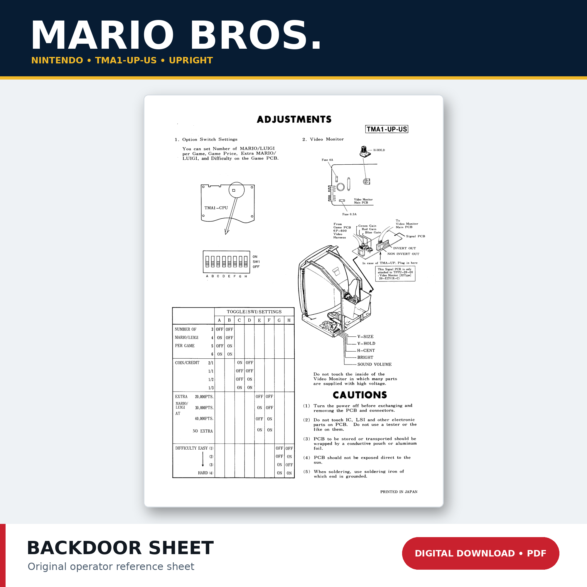 Nintendo Mario Bros. TMA1-UP-US upright back door sheet PDF download