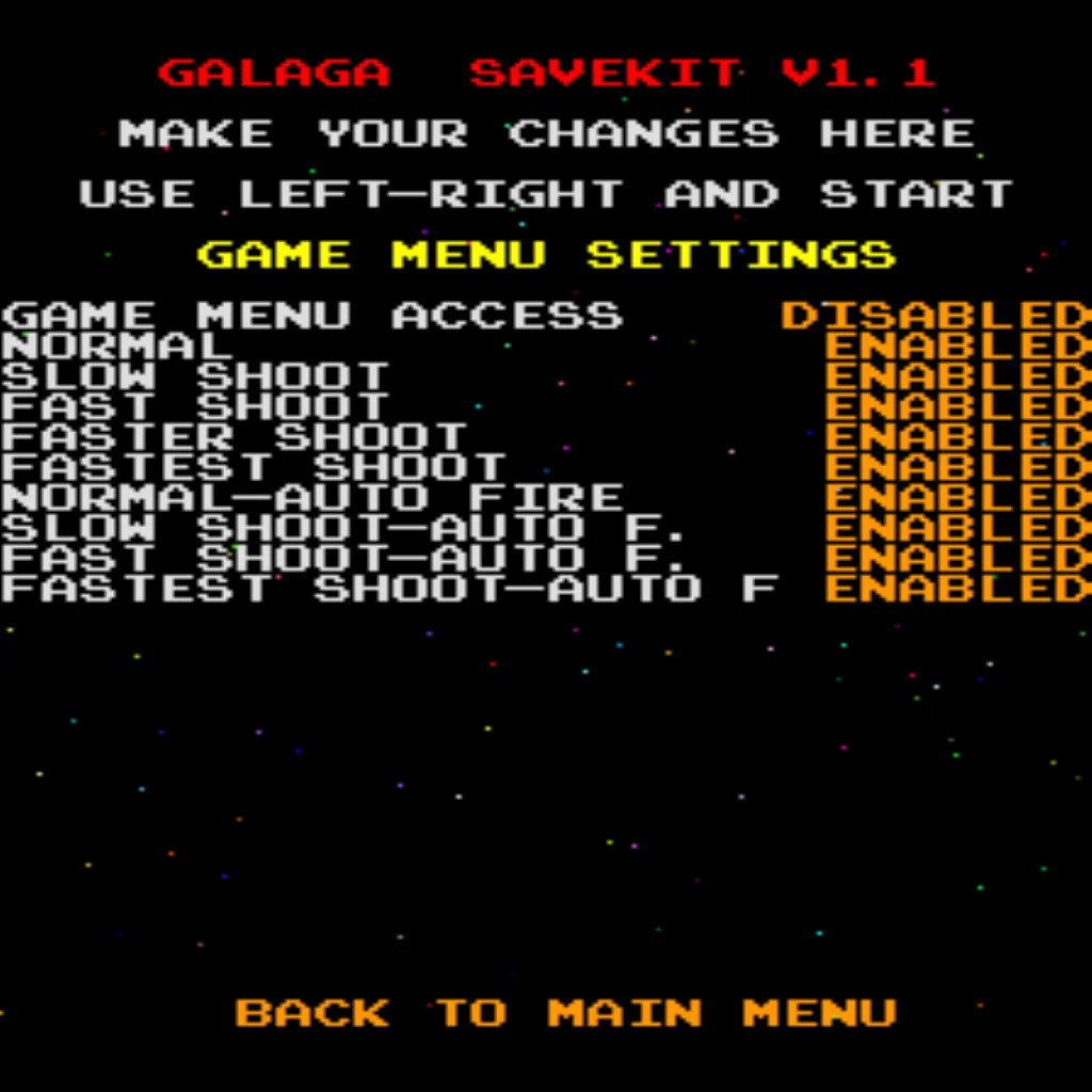 Galaga settings menu with free play and high score features enabled