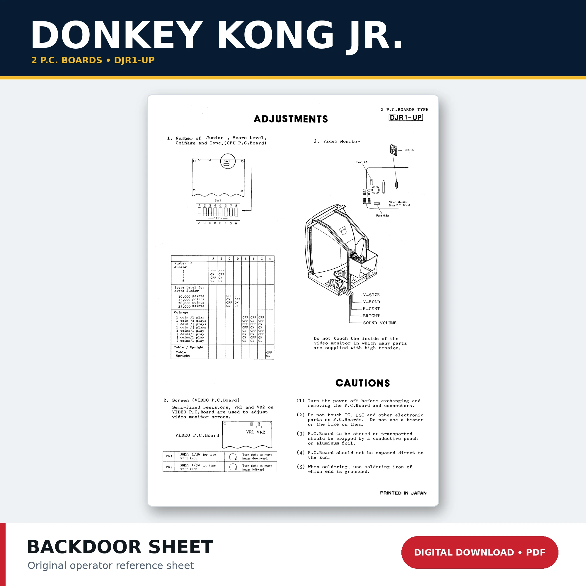 Donkey Kong Jr. two-board DJR1-UP arcade back door sheet PDF digital download