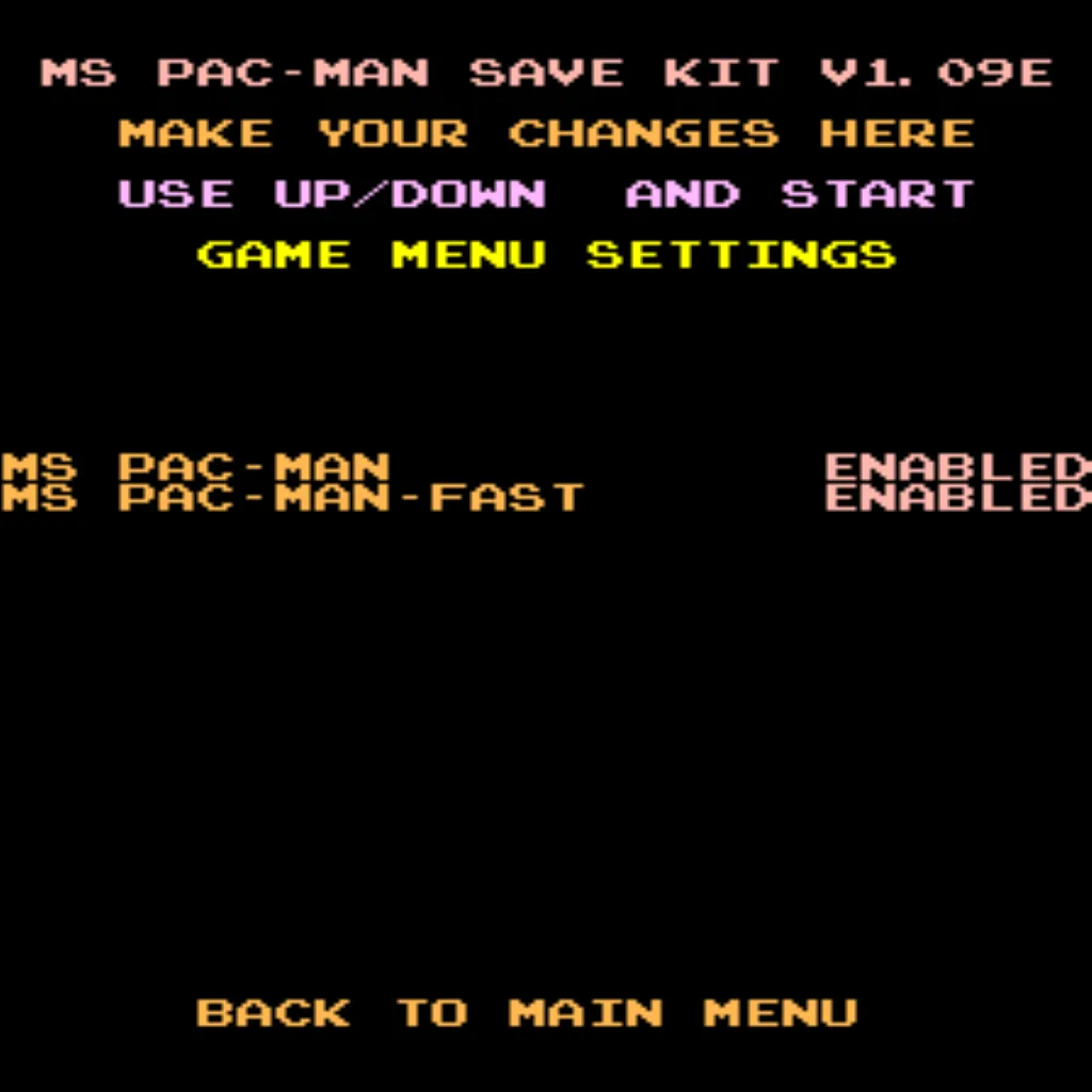 Ms Pac-Man settings menu showing difficulty and free play adjustments