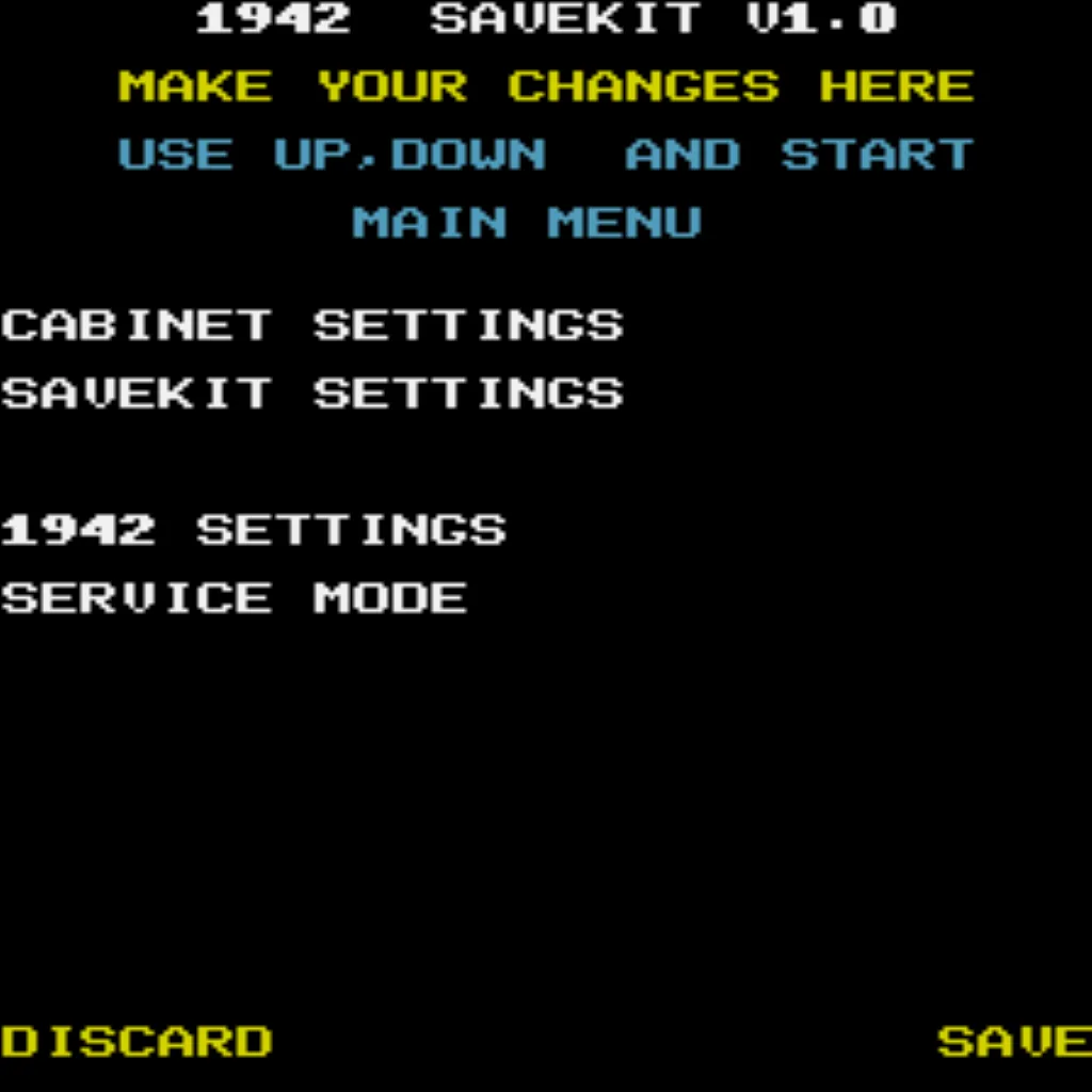 1942 game settings menu with high score save and free play features enabled