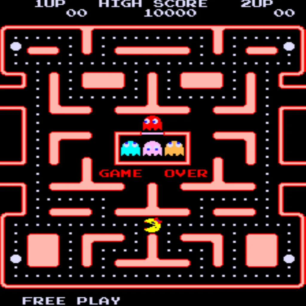 Ms Pac-Man arcade attract screen showing Free Play and High Score Save Kit features