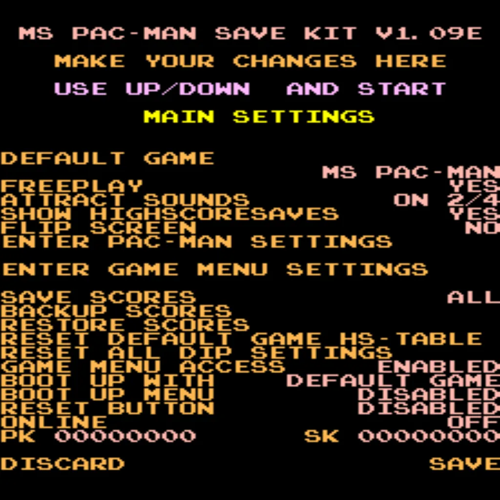 Ms Pac-Man settings menu showing Free Play and High Score Save Kit options