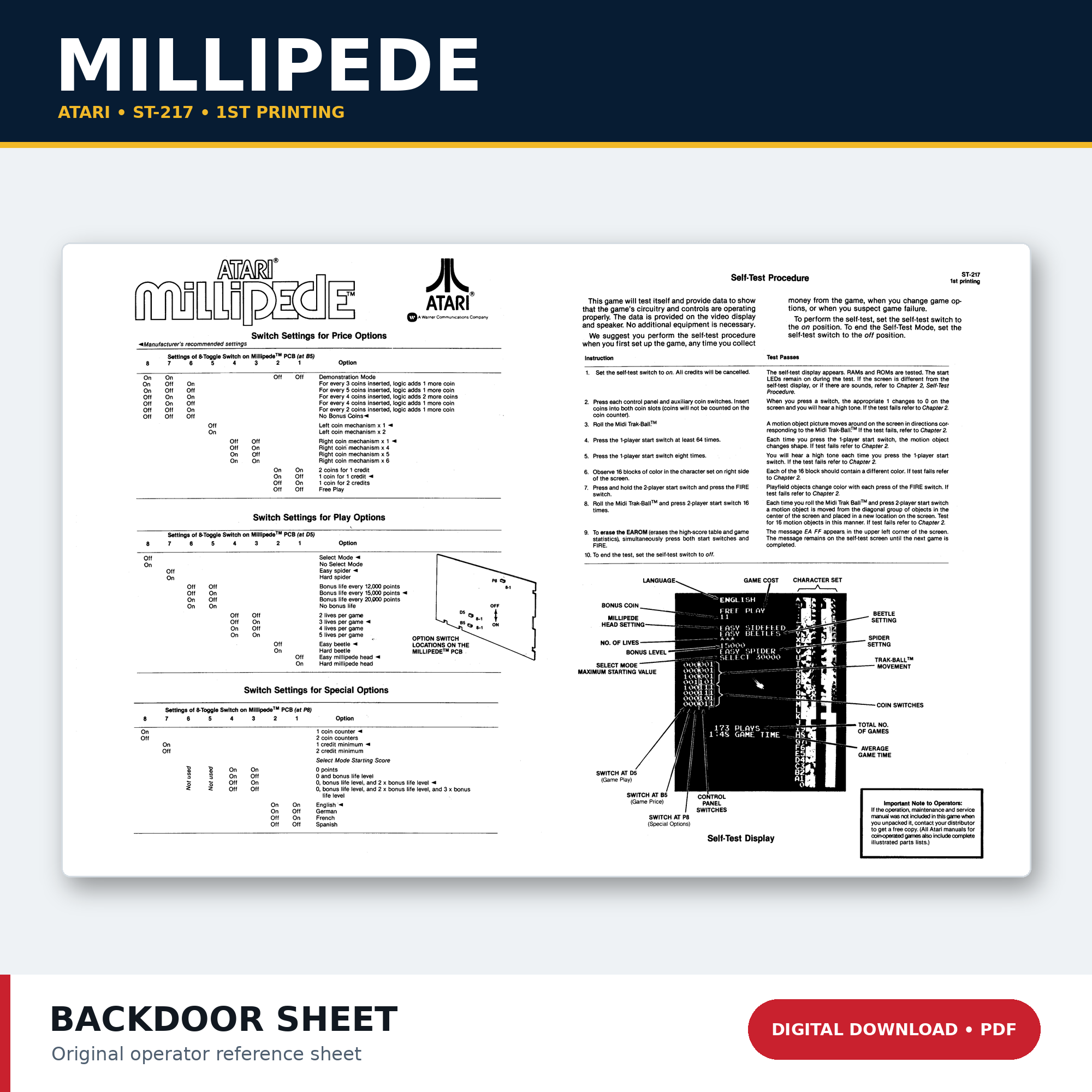 Atari Millipede ST-217 first-printing back door sheet PDF download