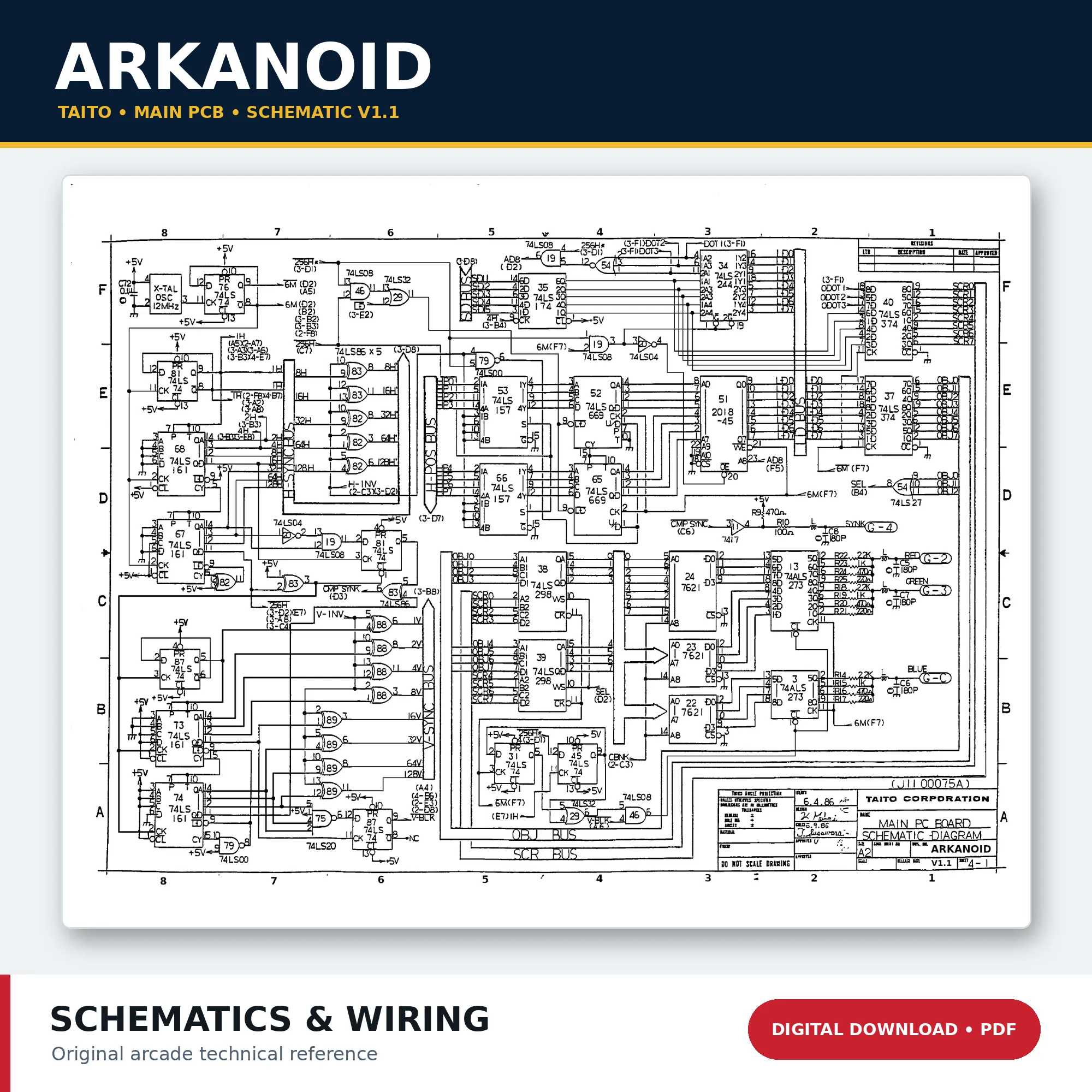 Taito Arkanoid main PCB schematic version 1.1 PDF download