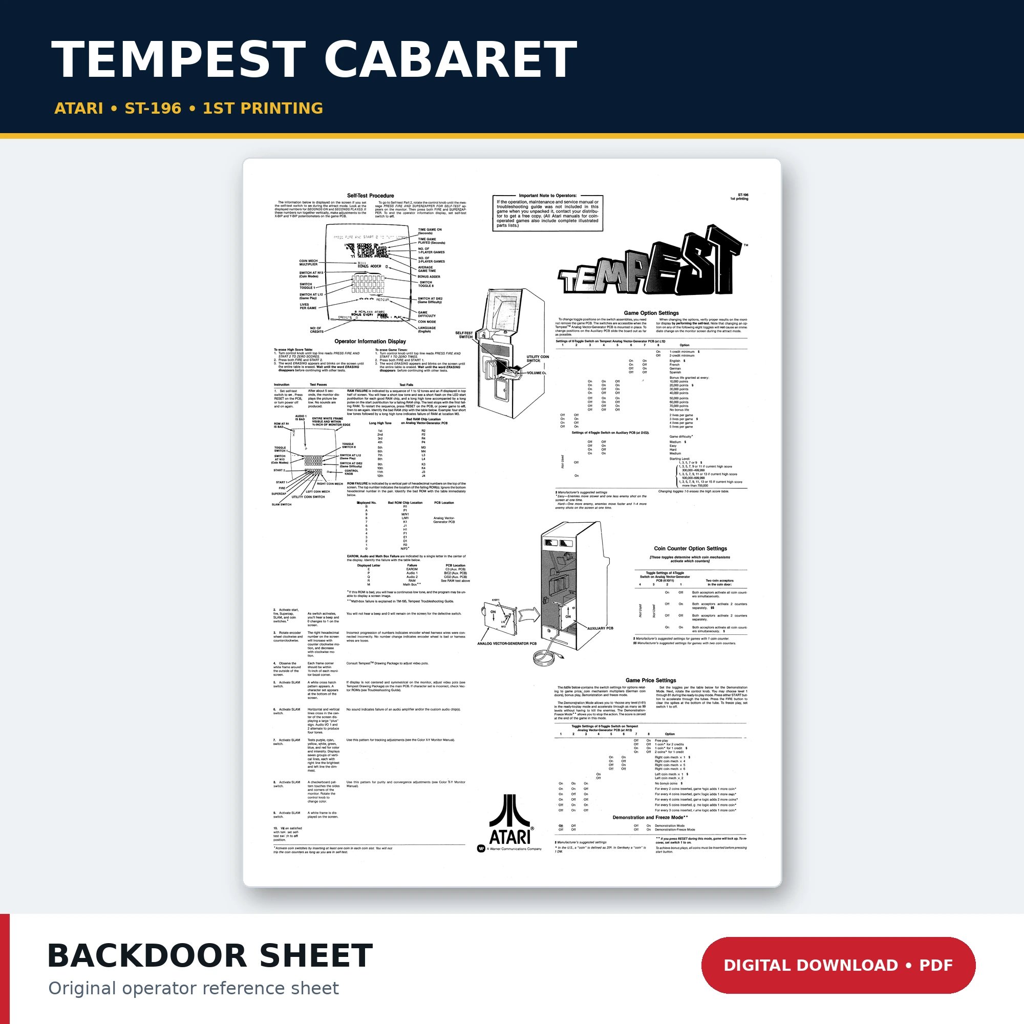 Atari Tempest Cabaret ST-196 1st Printing Back Door Sheet PDF download