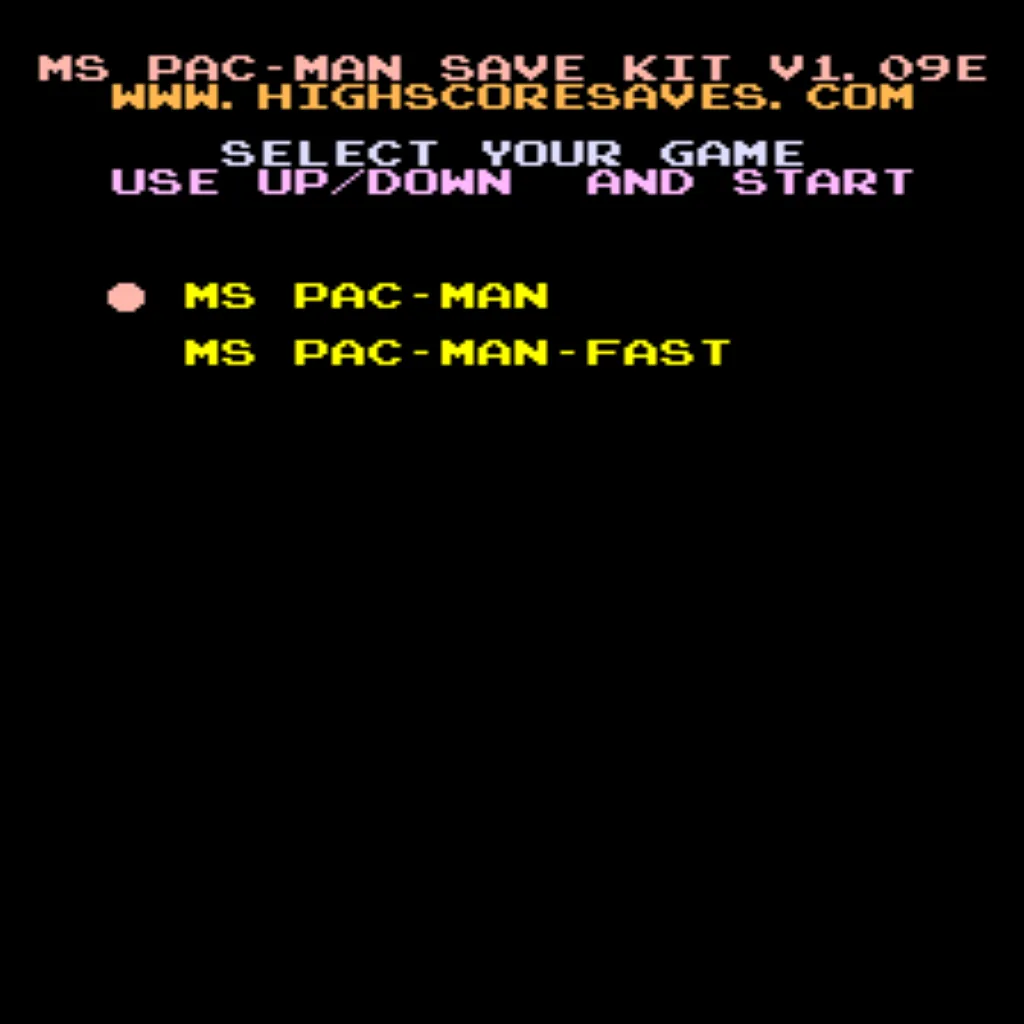 Ms Pac-Man arcade settings screen using Free Play and High Score Save Kit