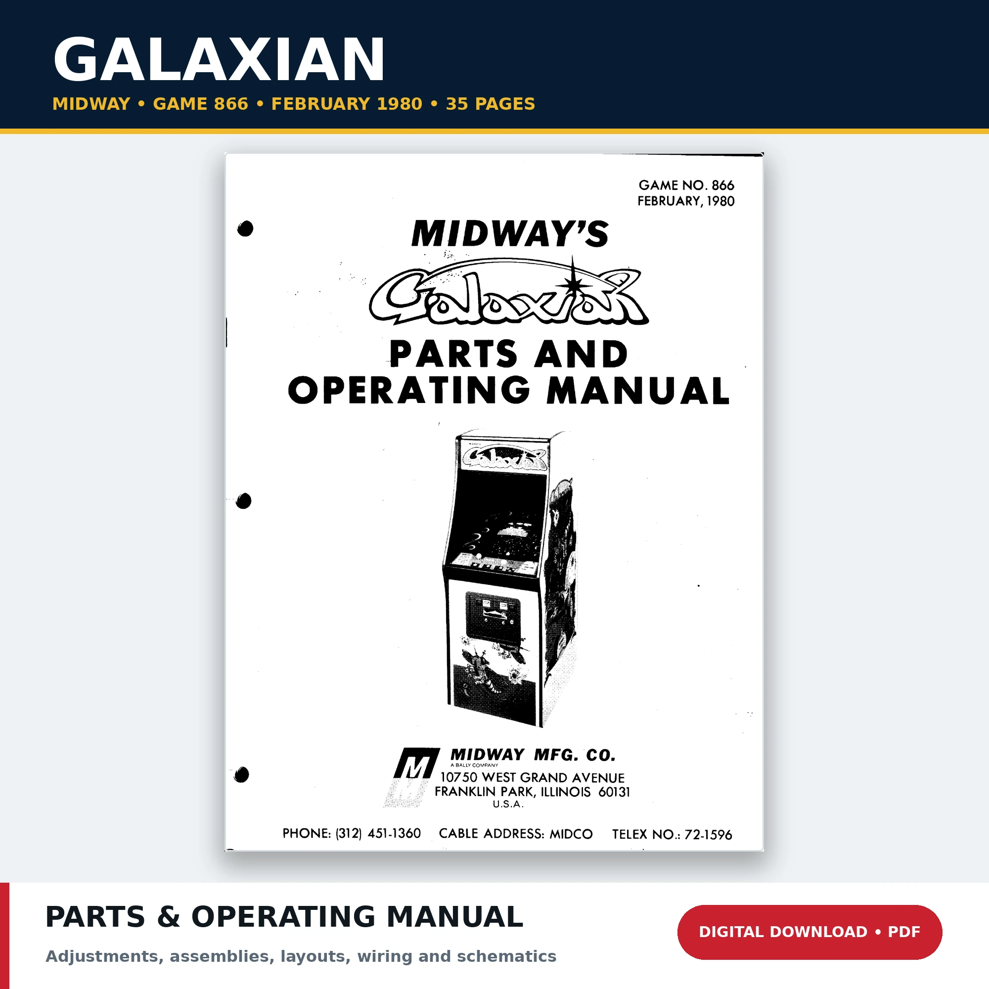 Midway Galaxian Game 866 parts and operating manual February 1980 PDF download