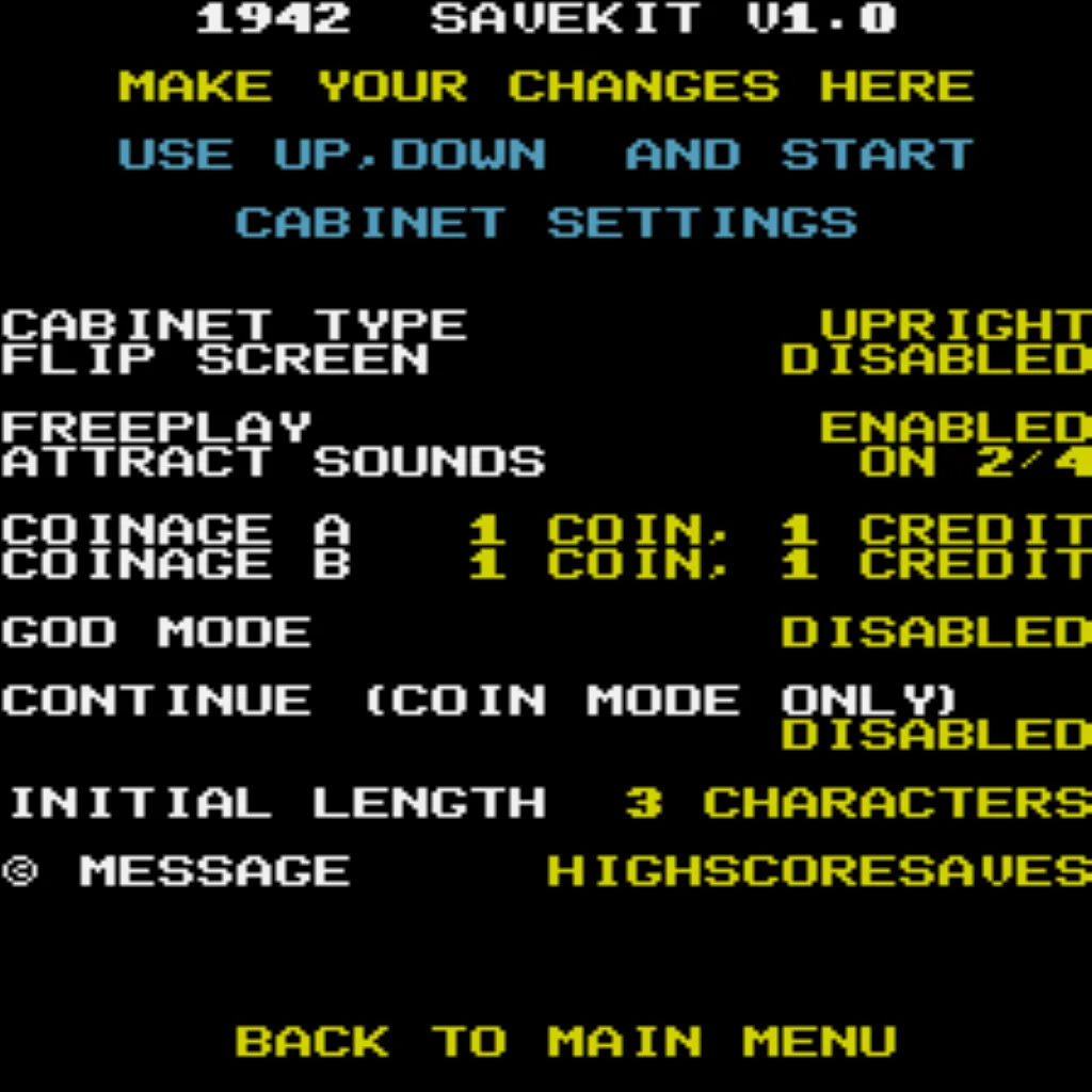 1942 arcade settings menu showing Free Play and High Score Save Kit options