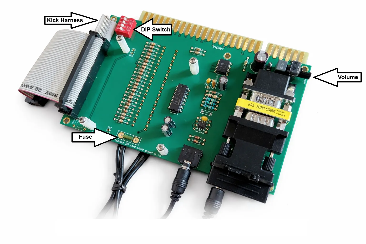 ArPiCade Raspberry Pi JAMMA adapter showing labeled components including kick harness, DIP switch, fuse, and volume control