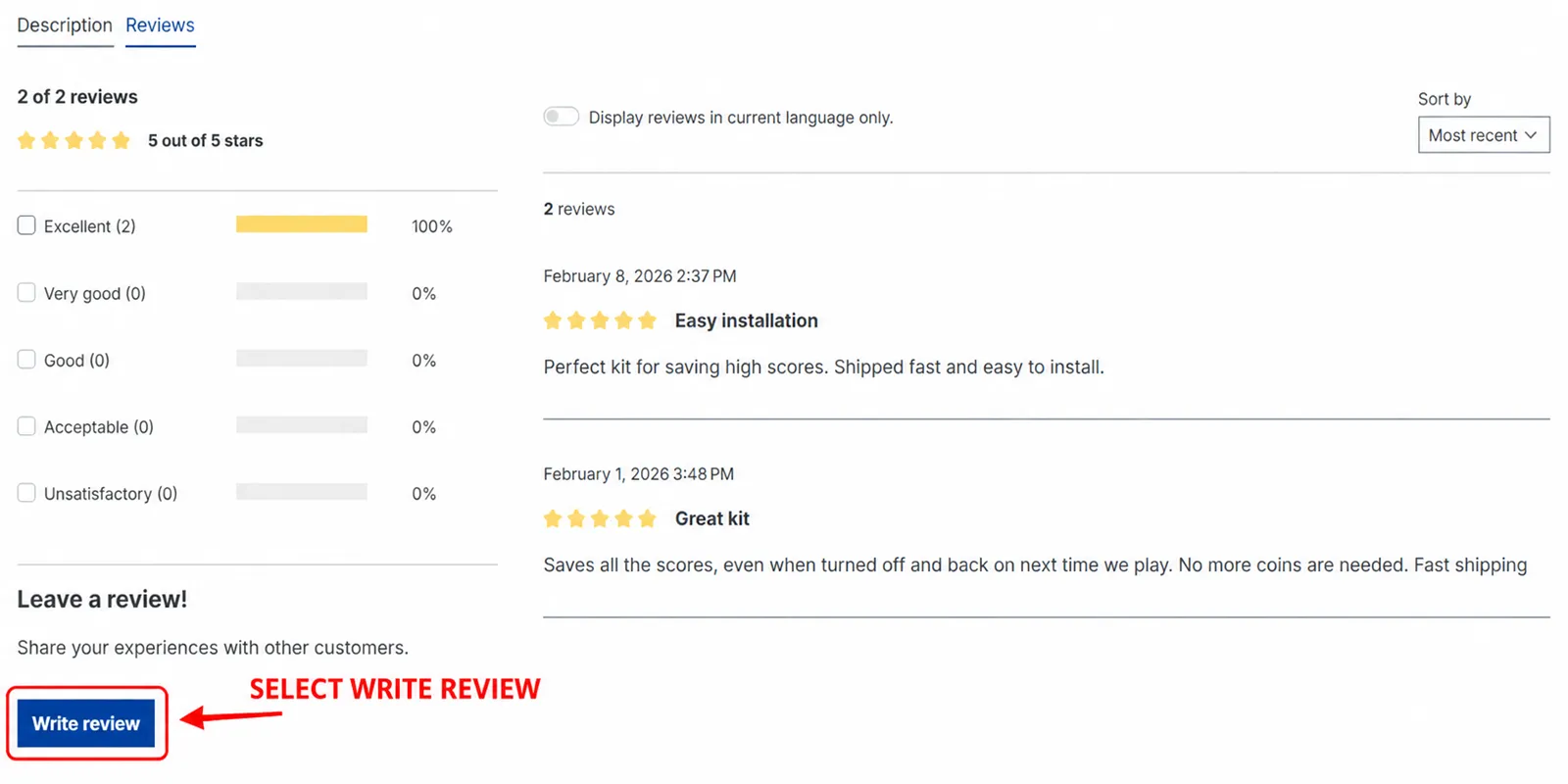 HighScoreSaves product reviews section showing the Write review button