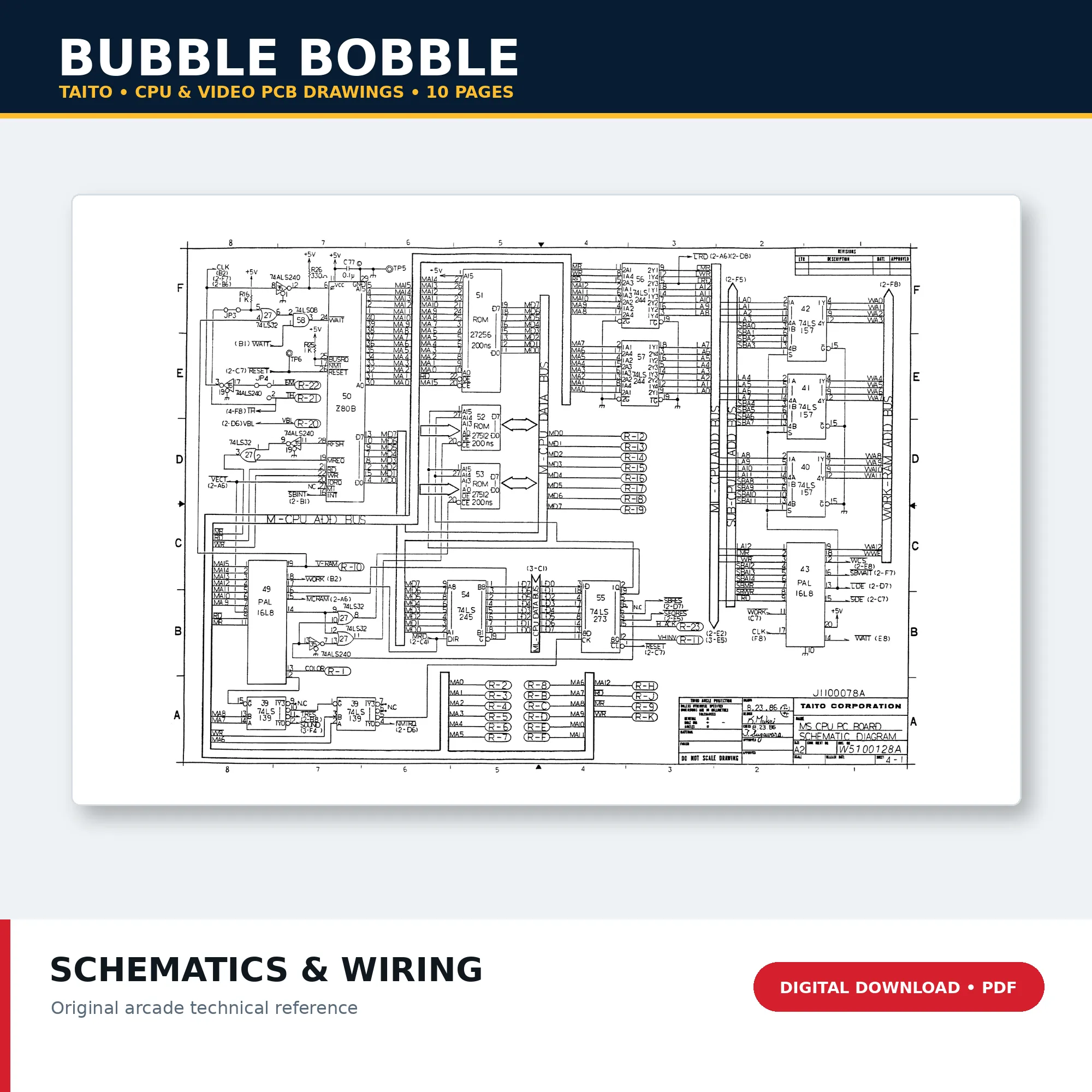 Taito Bubble Bobble CPU and video PCB schematics PDF download