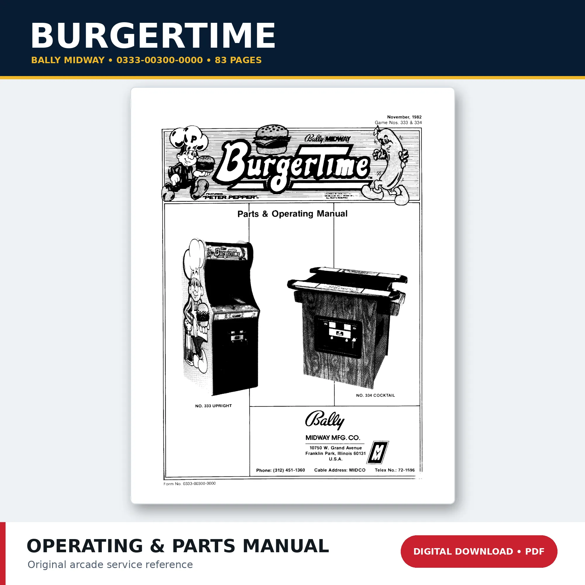 Bally Midway BurgerTime parts and operating manual 0333-00300-0000 PDF download