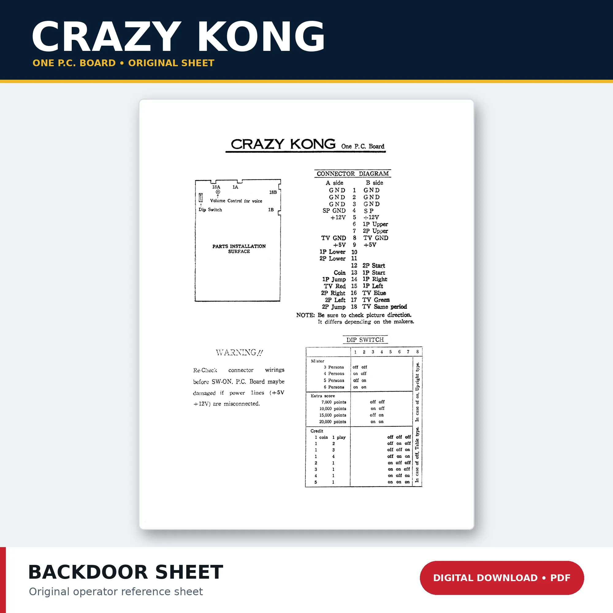 Crazy Kong One P.C. Board arcade back door sheet PDF digital download