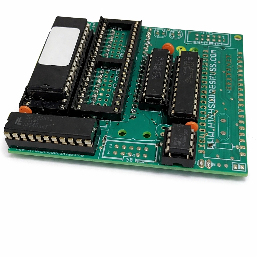 Super Pacman arcade free play and high score save kit hardware PCB installed with adapter board on clean white background