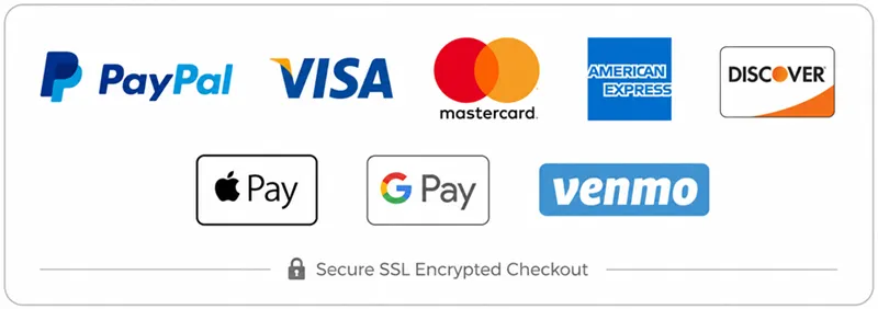 Accepted payment methods including PayPal, Visa, Mastercard, American Express, Discover, Apple Pay, Google Pay, and Venmo