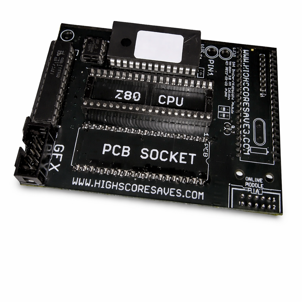 Ms Pacman arcade free play and high score save kit hardware PCB installed with adapter board on clean white background