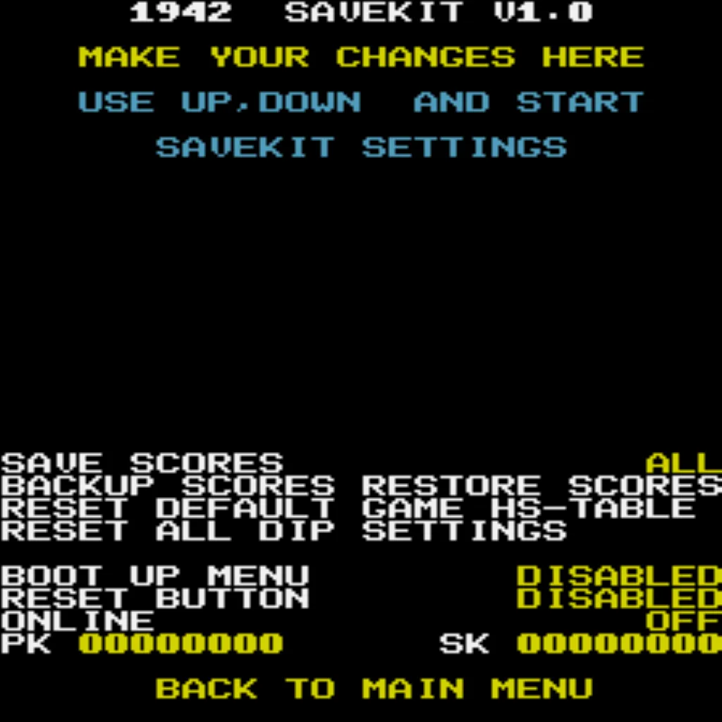 Capcom 1942 arcade settings screen using Free Play and High Score Save Kit