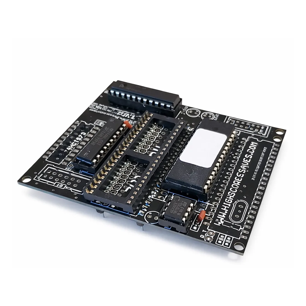 Berzerk Frenzy Multigame arcade free play and high score save kit hardware PCB installed with adapter board on clean white background