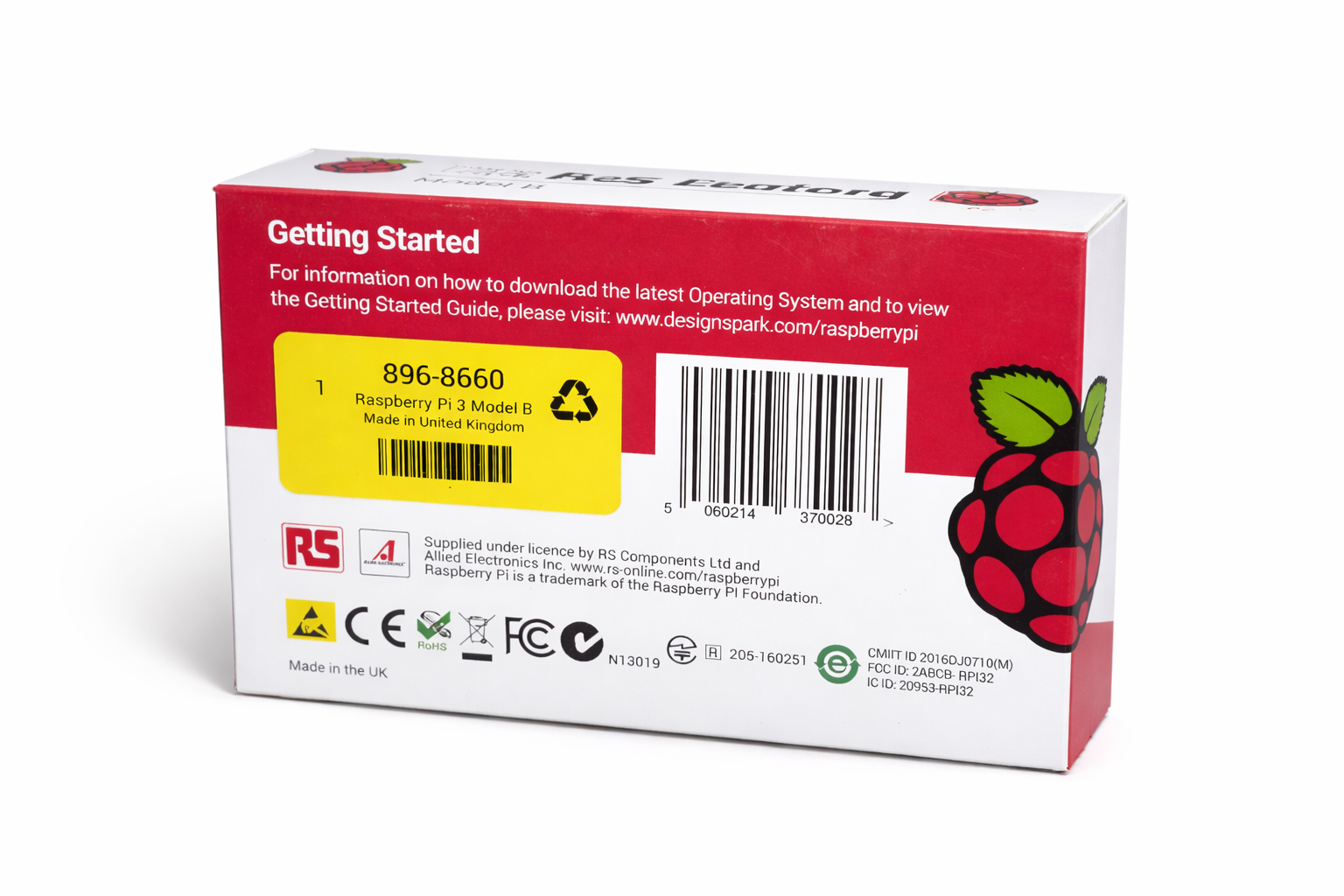 Rear packaging information for Raspberry Pi 3 Model B
