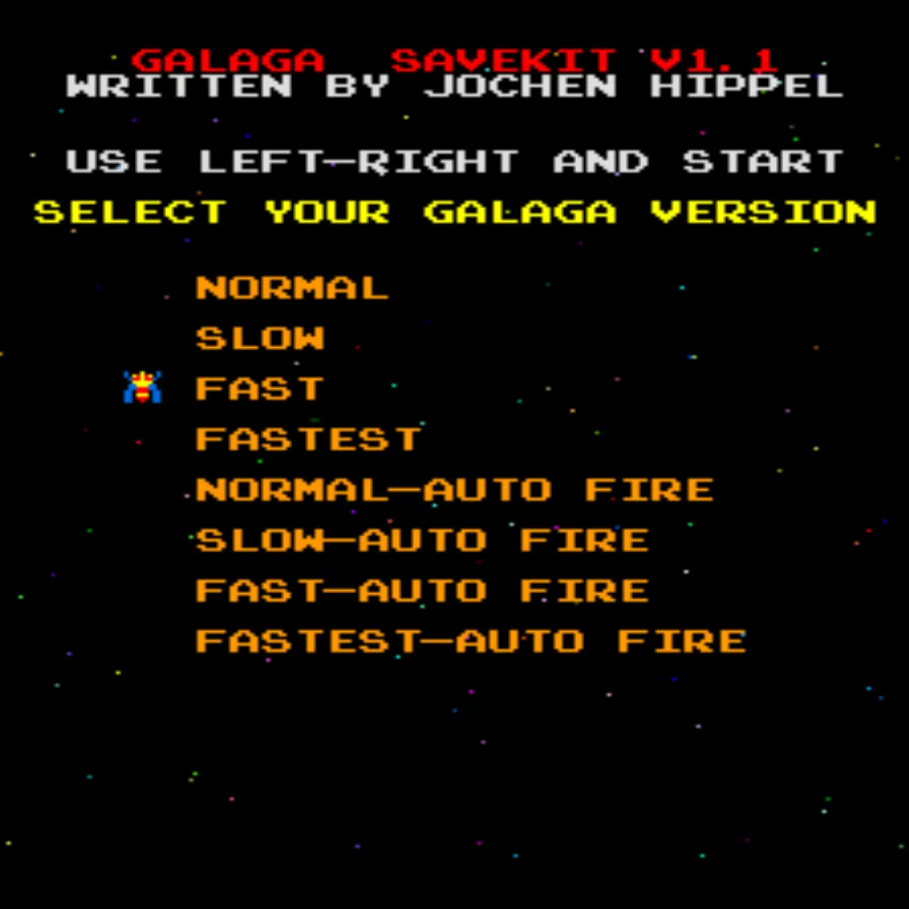 Galaga Settings Menu 5 – Configure Free Play and High Score Save Kit settings Galaga arcade settings menu screen with high score save configuration options