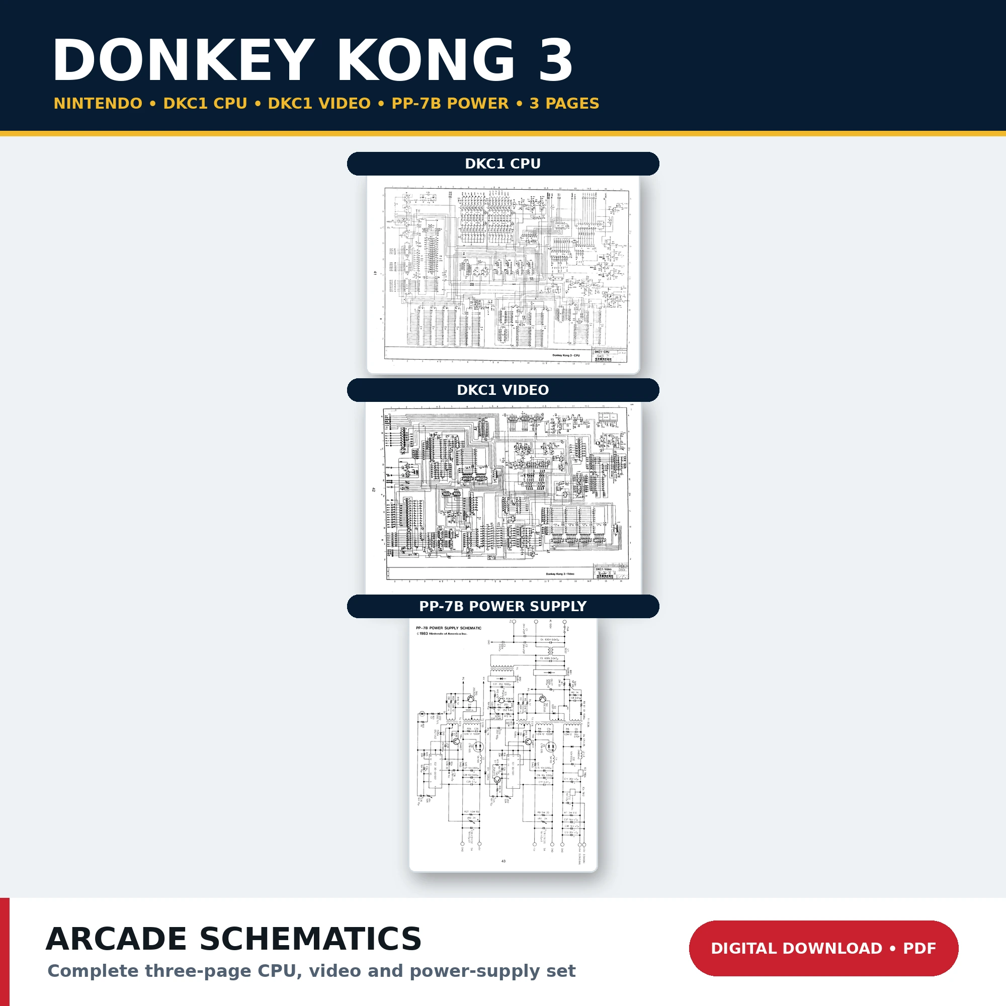 Nintendo Donkey Kong 3 DKC1 CPU video and PP-7B power supply schematics PDF download