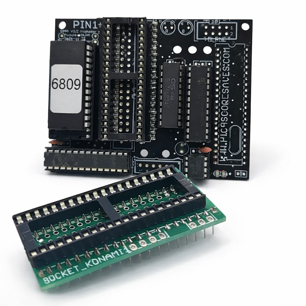 Megazone arcade free play and high score save kit hardware PCB installed with adapter board on clean white background