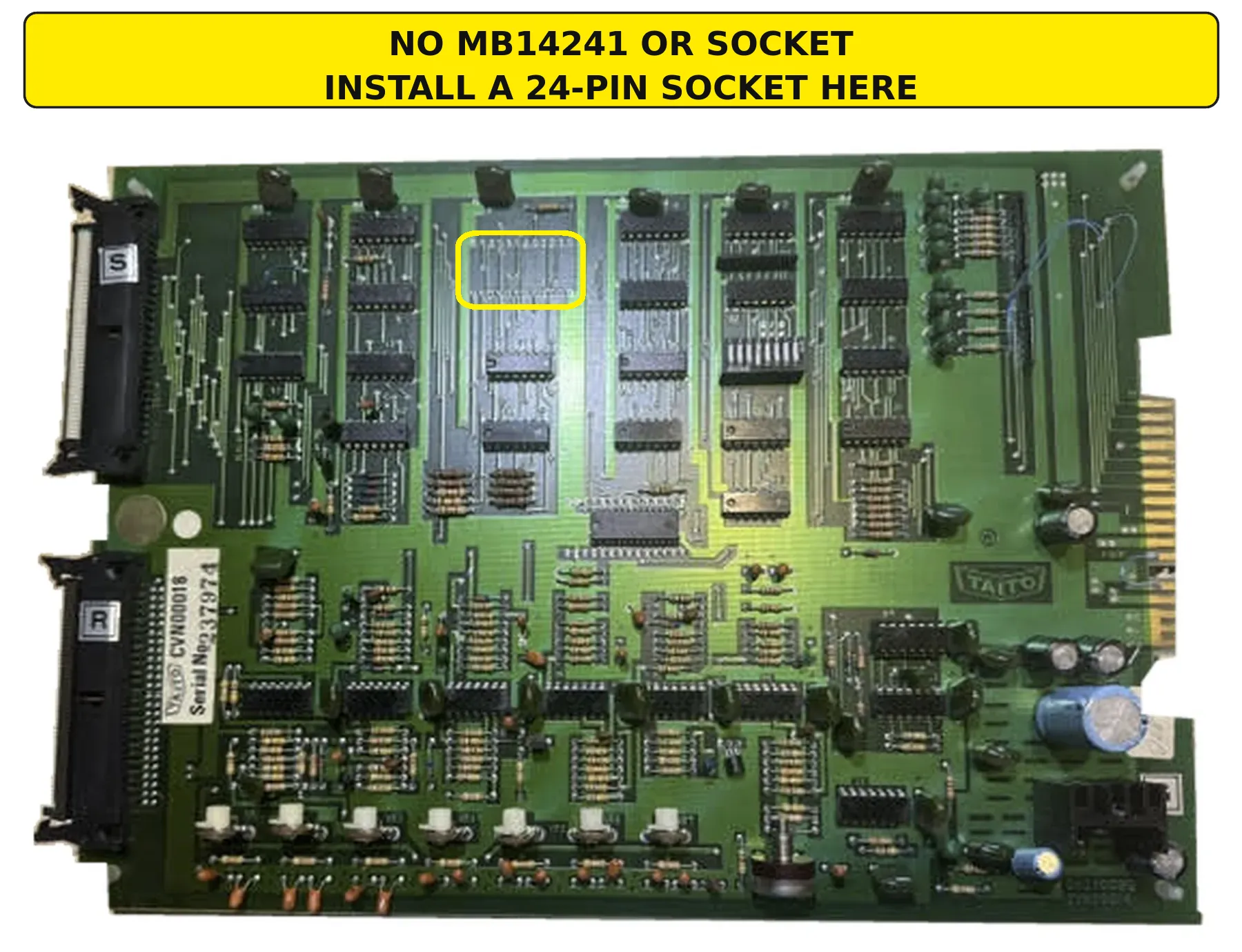 Annotated Taito CV070020 PCB showing the MB14241 location where a 24-pin socket must be installed