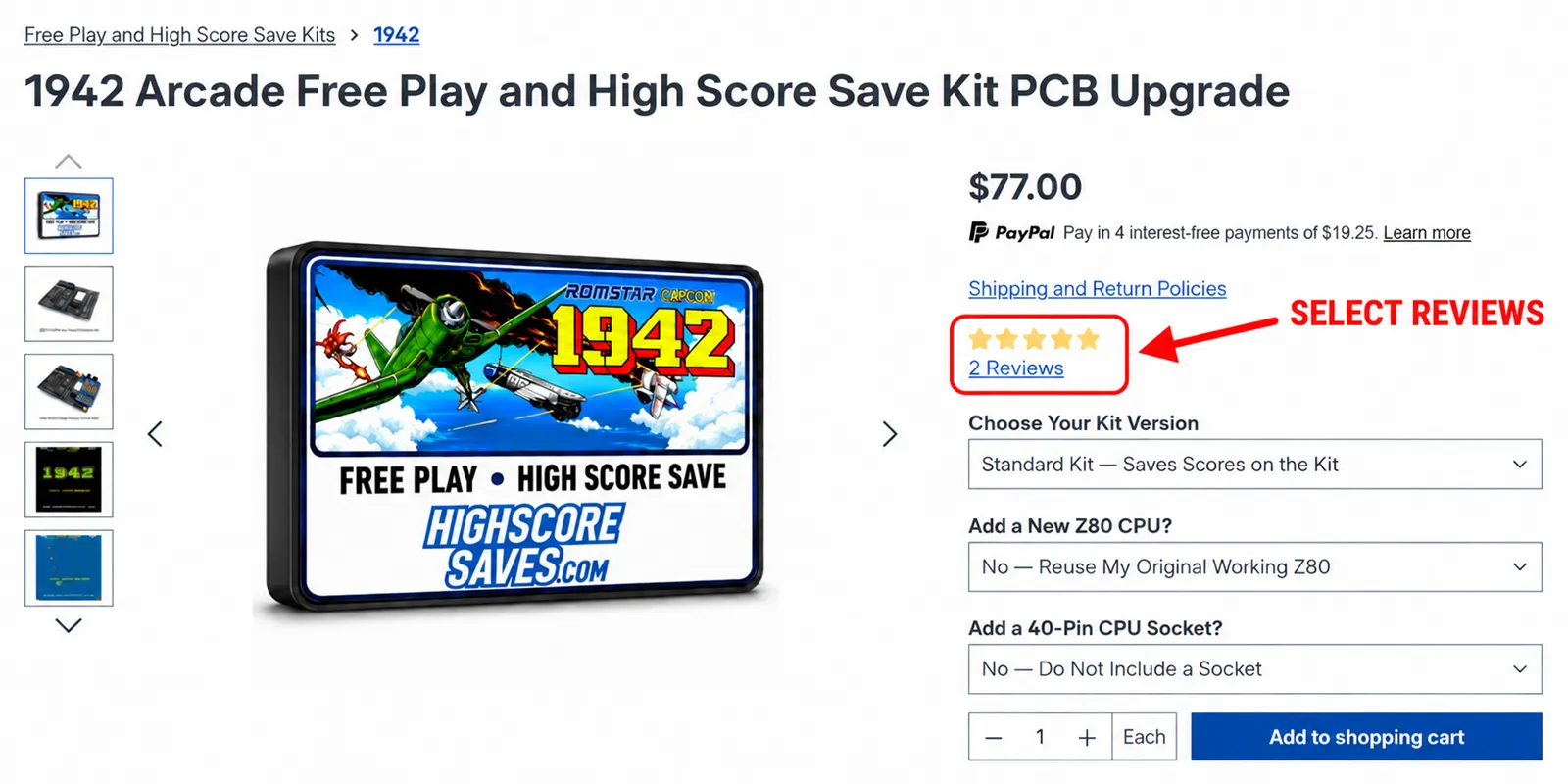 1942 arcade kit product page showing where to select the Reviews link