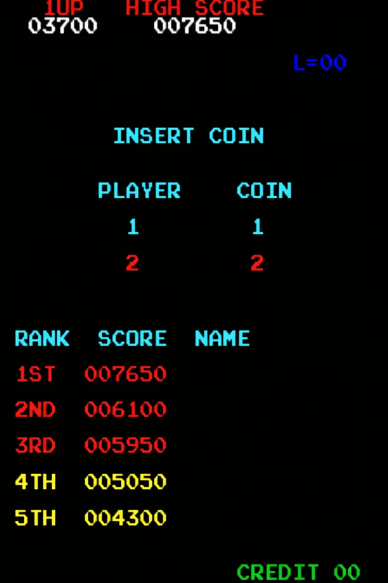 High score table from a classic arcade game demonstrating a Free Play and High Score Save Kit