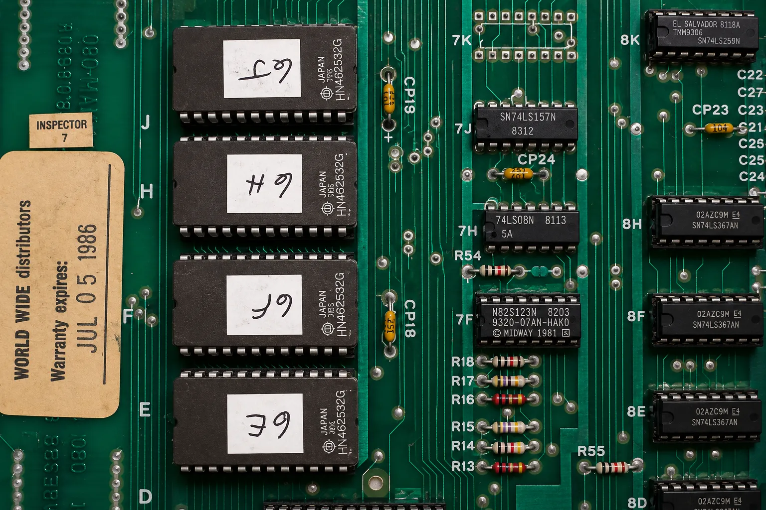 Original Midway Pac-Man arcade PCB program ROM labels and board locations