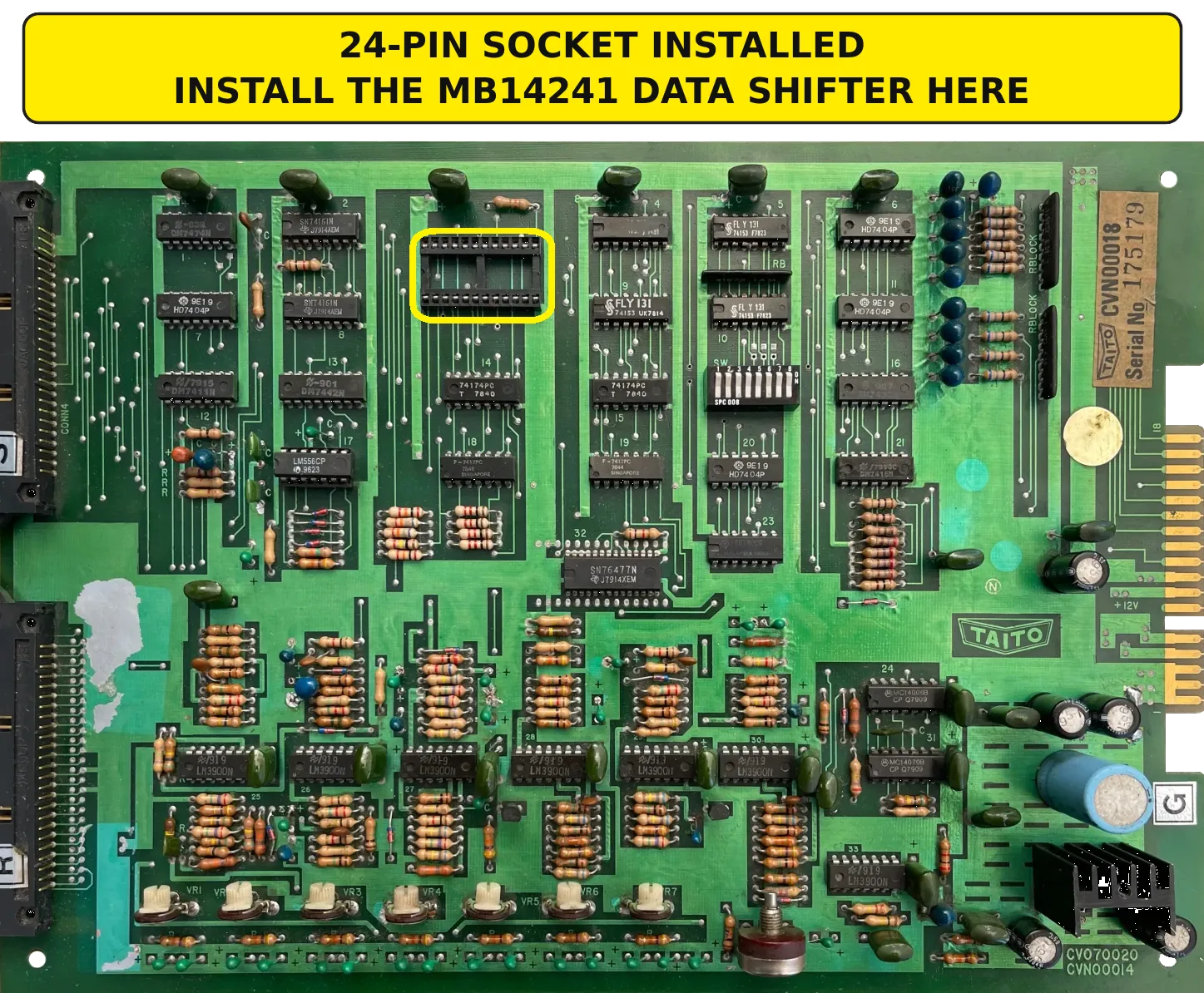 Annotated Taito CV070020 PCB showing the installed empty 24-pin socket for the MB14241 data shifter